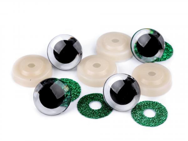Augen mit Sicherung Ø 25 mm (2 Stück) Schwarz/Transparent mit Grünem Glitter Rand